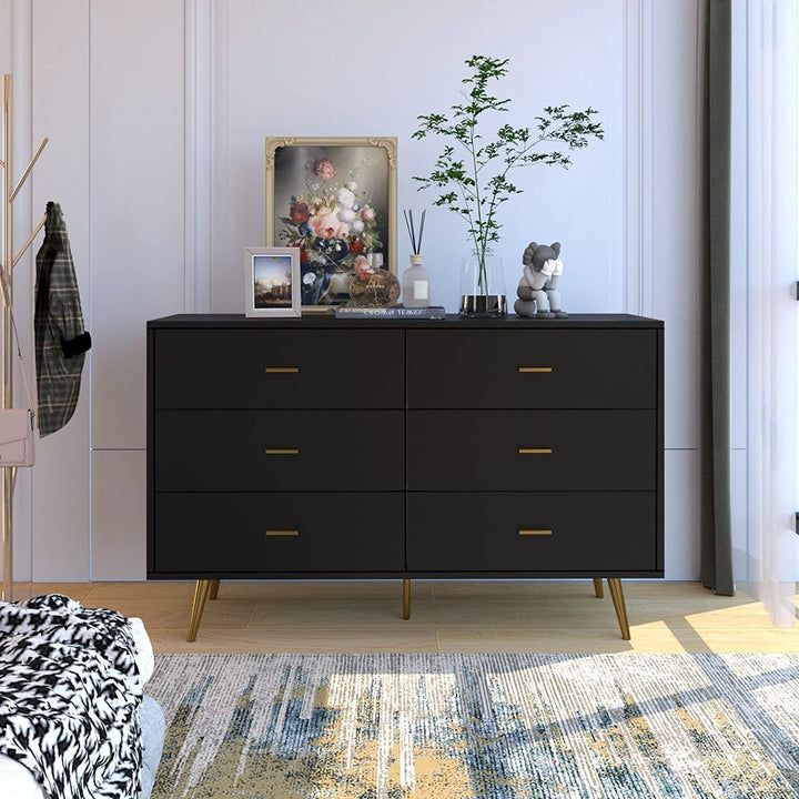 Modern Black 6-Drawer Dresser with Matte Finish – Spacious Bedroom Storage Chest with Metal Handles Peach Maple