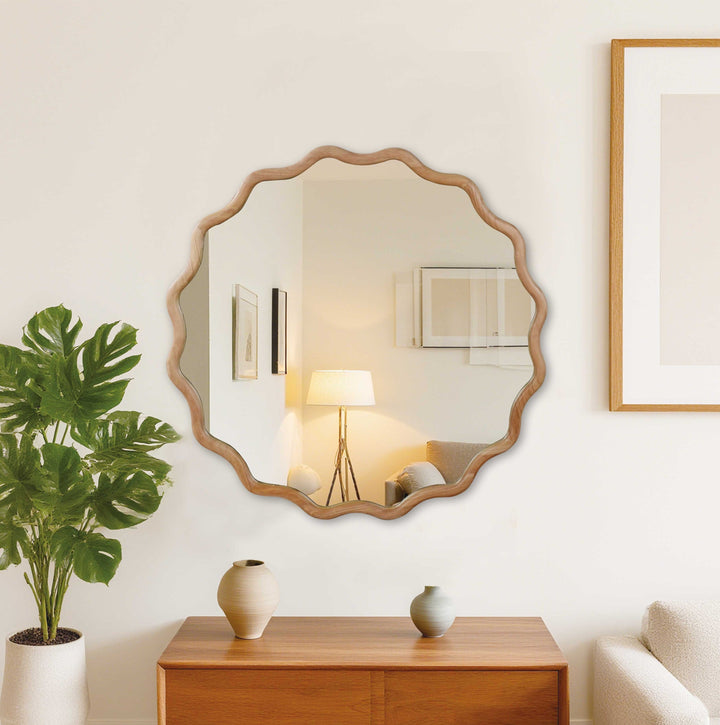 Natural Wood Color 36 inch Wavy Round Solid Wood Frame Decorative Mirror,For Bedroom, Bathroom, Living Room, Entryway GH Modern Living