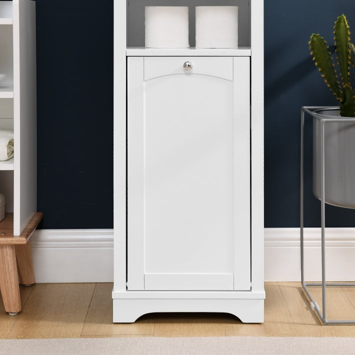 64" Tall White Bathroom Storage Cabinet with Laundry Hamper – Floor Standing Organizer with 4 Adjustable Shelves, Hidden Storage for Small Spaces CJDropshipping