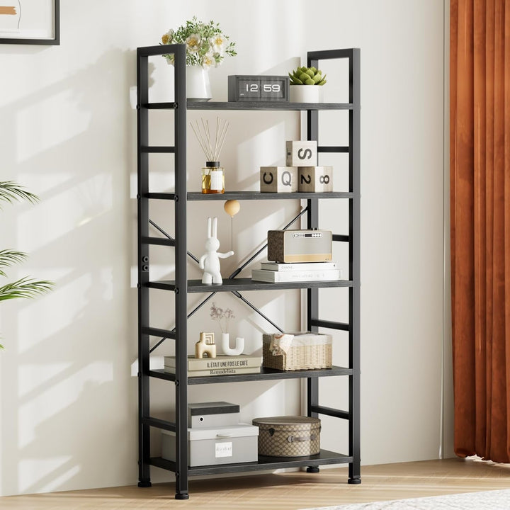Modern 5-Tier Tall Bookshelf with Metal Frame – Space-Saving Industrial Bookcase Storage Shelf for Living Room, Bedroom, or Office – 62.2" H Freestanding Wood Shelving Unit Peach Maple