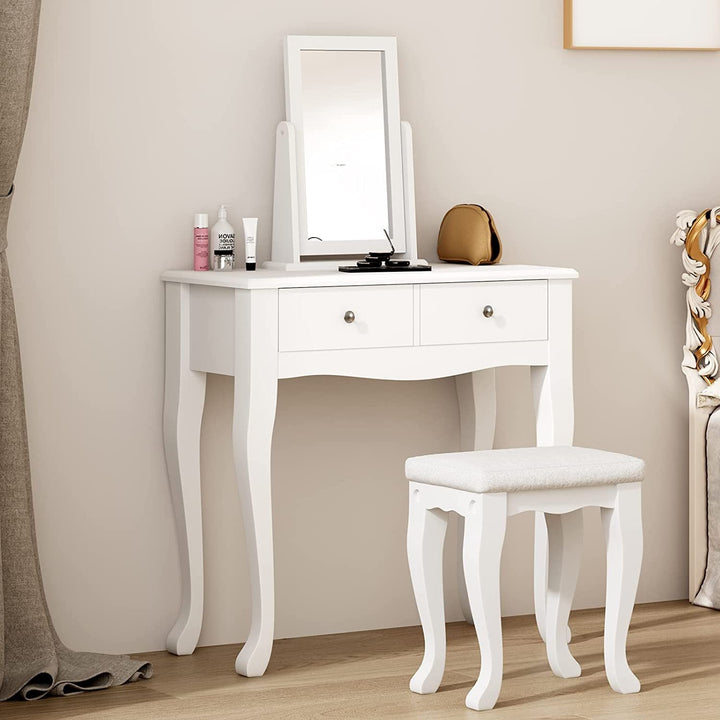 Modern Vanity Table Set with 360° Pivoting Mirror and Cushioned Stool – Makeup Dressing Table with 2 Drawers, Solid Wood & PU Seat Peach Maple