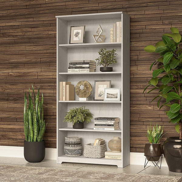 Tall 5 Shelf Bookcase in Linen White Oak – Adjustable Modern Bookshelf for Home Office or Living Room Peach Maple