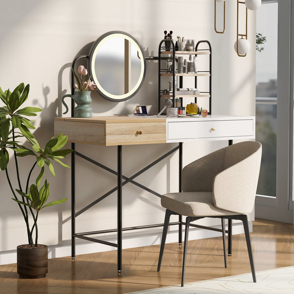 Modern White Vanity Desk with LED Lighted Mirror & Wireless Charging – 40" Makeup Table with Storage Drawer & Shelves, Touch Sensor Mirror, USB Port Sangria Beech