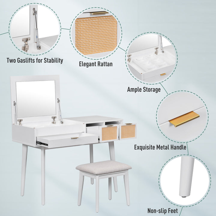 White Makeup Vanity Table with Hidden Square Mirror, 3 Drawers with Woven Rattan Design & Upholstered Stool – Solid Wood & MDF, Space-Saving Dressing Table Set Sangria Beech