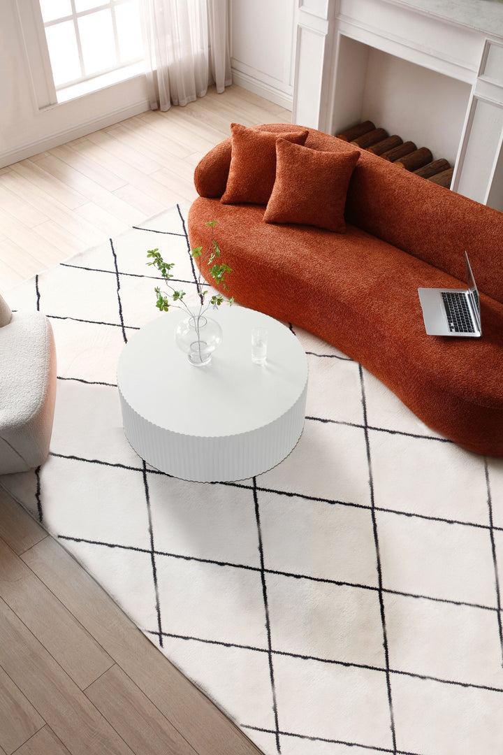35" White Round Coffee Table – Handcrafted Relief Modern Center Table, MDF Wood, No Assembly Required Sangria Beech