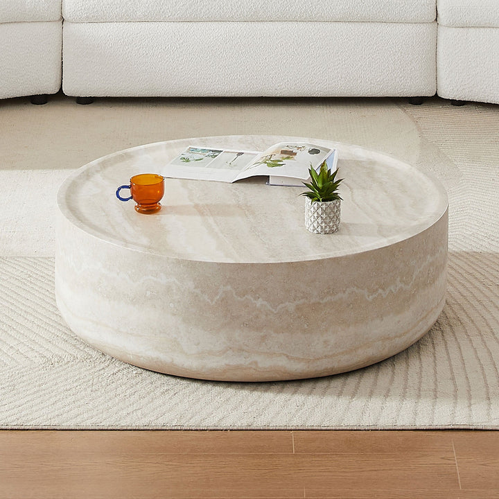 Modern Round Faux Travertine Coffee Table – 31.5" Fiberglass Center Table for Living Room, No Assembly Needed Sangria Beech