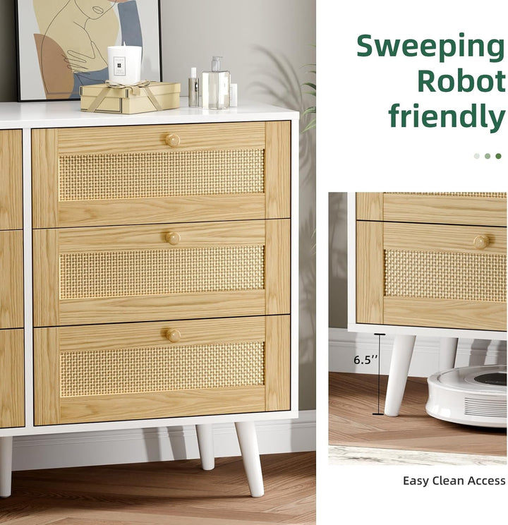 Modern 6-Drawer Rattan Dresser with Ample Storage & Anti-Tip Safety Strap – Space-Saving Bedroom Chest Peach Maple
