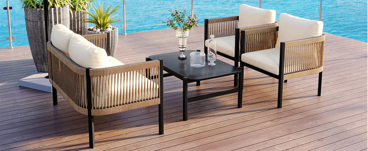 5-Piece Modular Outdoor Sofa Set with Tempered Glass Table – Beige Cushions, PE Wicker & Rust-Resistant Iron Frame Sangria Beech
