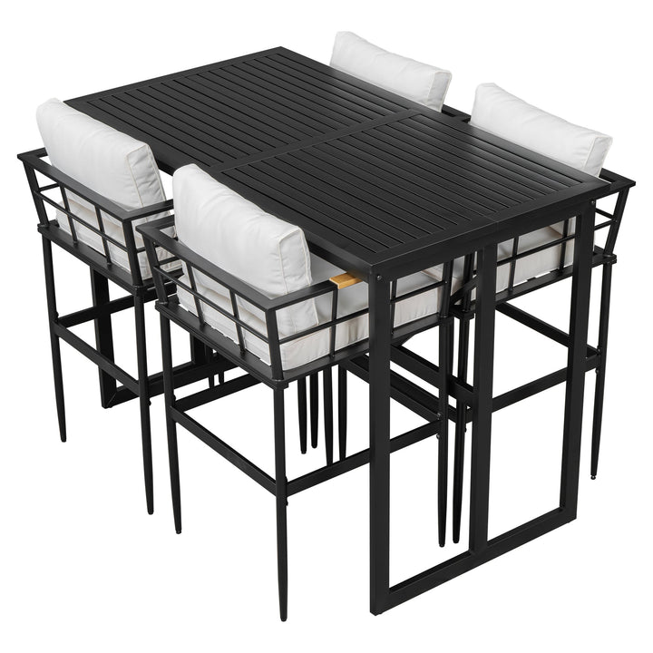 5-Piece Outdoor Dining Set with Iron Table & Acacia Wood Armrests – Beige Cushioned Chairs, High-Back Design for Patio, Garden, or Backyard Sangria Beech
