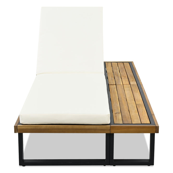 Adjustable Outdoor Chaise Lounge Chair with 5-Position Recline, Acacia Wood Frame & Thick Cushion – Poolside Recliner with Side Table, Beige Sangria Beech