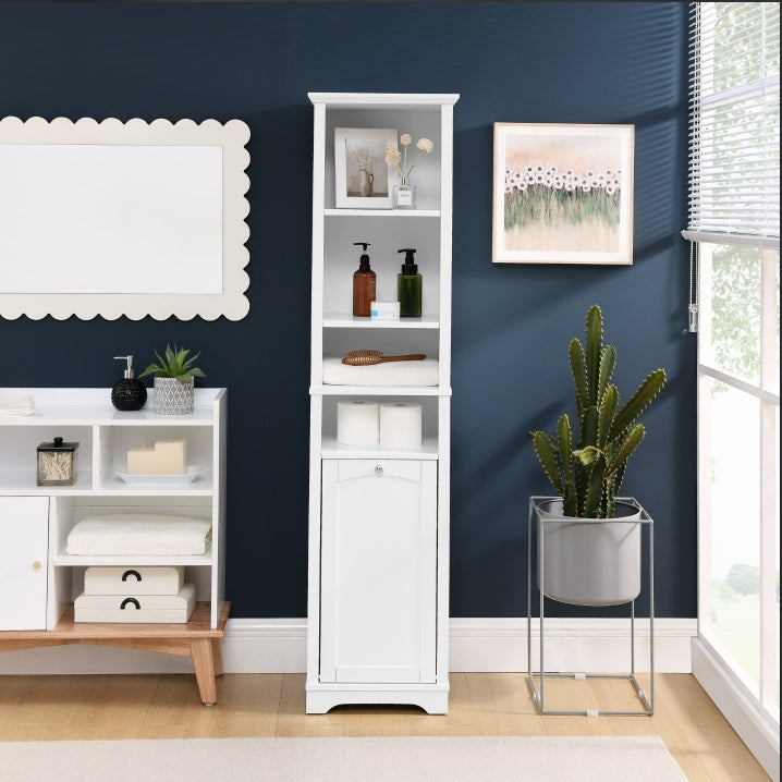 64" Tall White Bathroom Storage Cabinet with Laundry Hamper – Floor Standing Organizer with 4 Adjustable Shelves, Hidden Storage for Small Spaces CJDropshipping