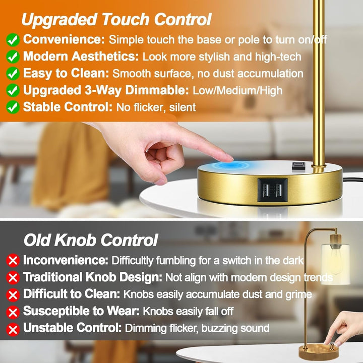 Set of 2 Touch Control Table Lamps with USB Ports – 3-Way Dimmable Industrial Bedside Lamps with LED Bulbs & Clear Glass Shade Peach Maple
