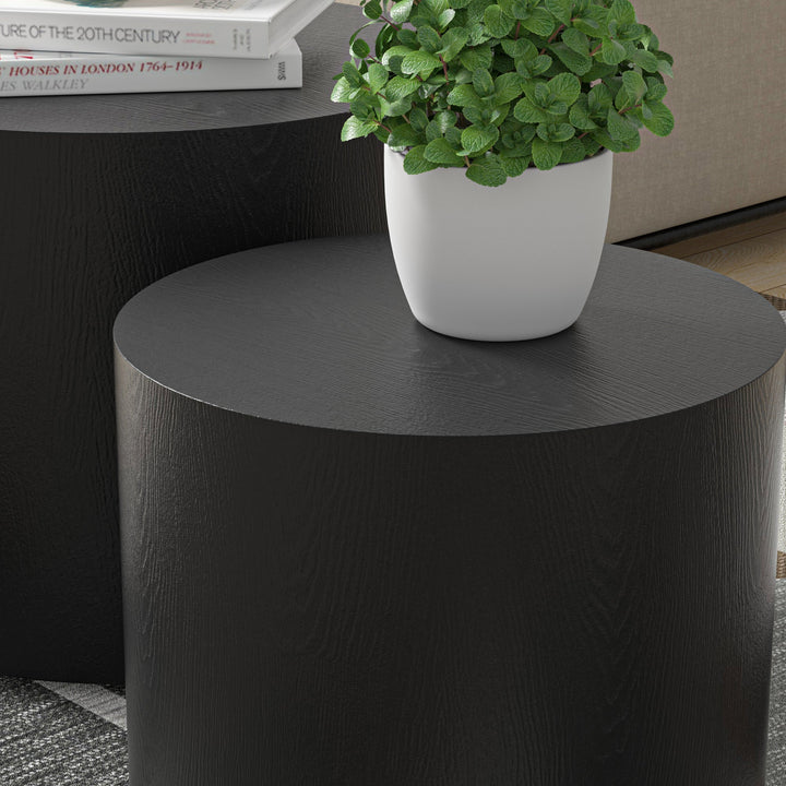 Matte Black MDF Side Table Set of 2 with Ash, Oak & Walnut Veneer – Nesting Coffee & End Tables, No Assembly Needed Sangria Beech