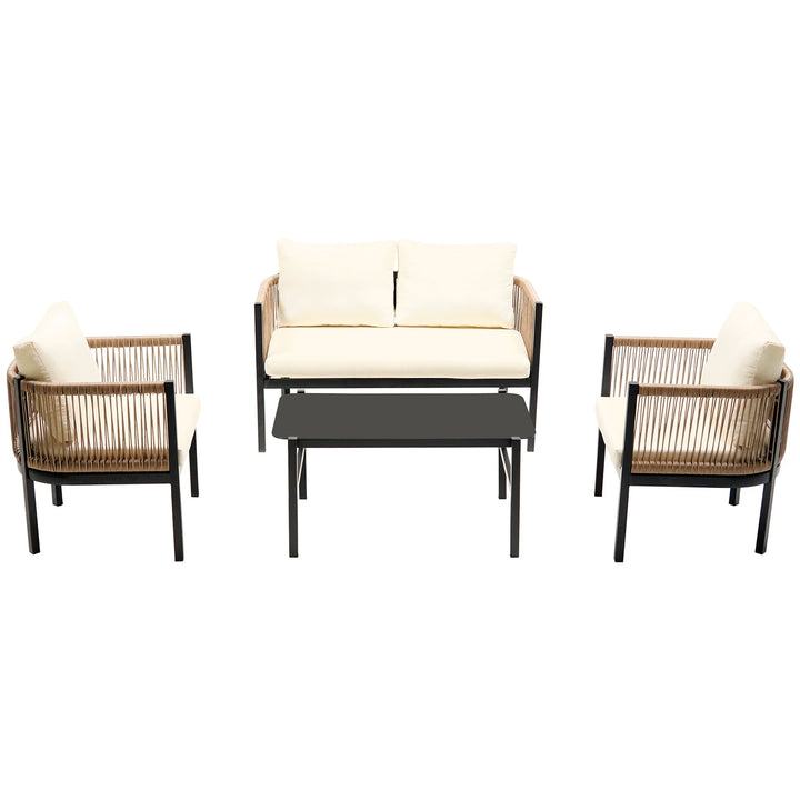 5-Piece Modular Outdoor Sofa Set with Tempered Glass Table – Beige Cushions, PE Wicker & Rust-Resistant Iron Frame Sangria Beech