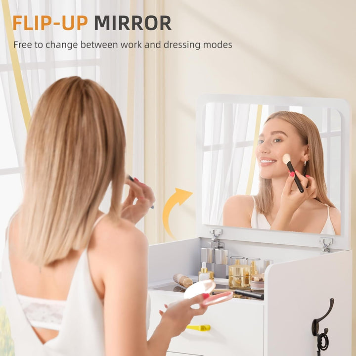 Compact 3-in-1 Vanity Desk with Flip-Up Mirror, Hidden Storage & Cushioned Stool – Multi-Use Nightstand & Makeup Table for Small Spaces Peach Maple