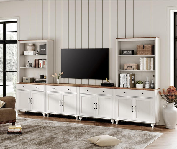 Farmhouse Style Entertainment Center with Bookshelves for TVs Up to 75" (White) Peach Maple