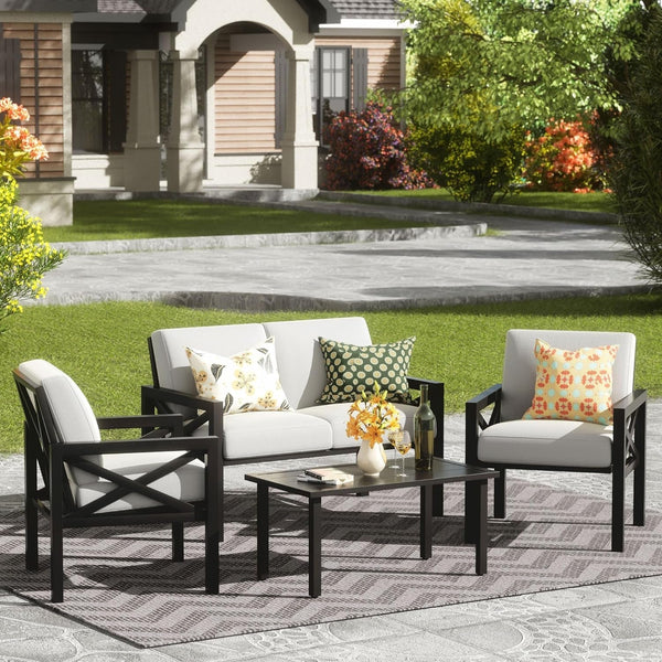 Stylish 4-Piece Outdoor Metal Sofa Set with Water-Resistant Cushions – Durable Patio Sectional Furniture for Garden & Poolside Peach Maple