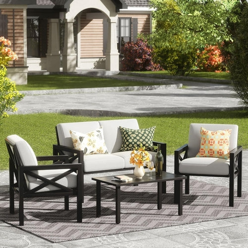 Stylish 4-Piece Outdoor Metal Sofa Set with Water-Resistant Cushions – Durable Patio Sectional Furniture for Garden & Poolside Peach Maple