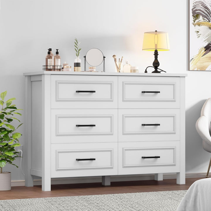 6-Drawer Dresser with Built-in Power Outlet & USB Ports – White Storage Cabinet with Rustic Bar Handles, Anti-Tip Design for Bedroom, Entryway, or Living Room Peach Maple