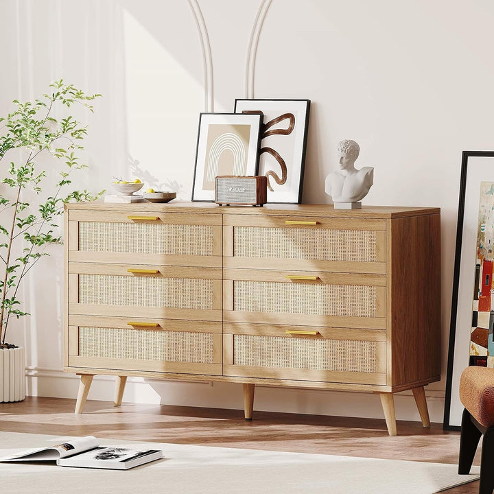 6-Drawer Rattan Dresser – Boho Chic Mid-Century Storage Cabinet with Golden Handles, Natural Finish, Versatile for Bedroom, Entryway, or Living Room Peach Maple