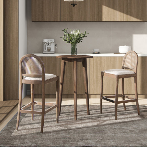Panama 30.5' Curved Back Cane Rattan Bar Stool, Set of 2, Ivory White Boucle GH Modern Living