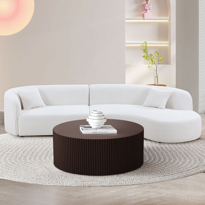 35" Handcrafted Round MDF Coffee Table – Modern Low Profile Center Table for Living Room, No Assembly Required Sangria Beech