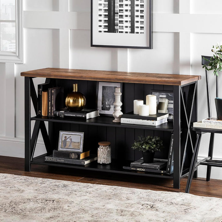 Modern Farmhouse Solid Pine Wood Storage Console – 2-Shelf Bookcase with Beadboard Back & X-Side Design, Rustic Sofa Table or Bookshelf for Living Room, Kitchen, or Home Office Peach Maple