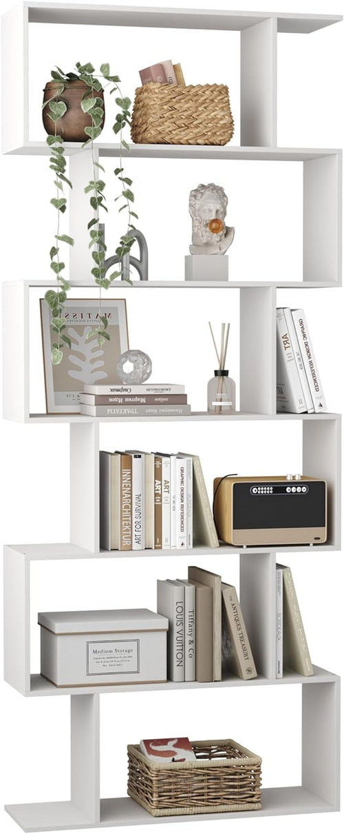 S-Shaped Bookshelf – Modern Geometric 6-Tier White Display Bookcase Peach Maple