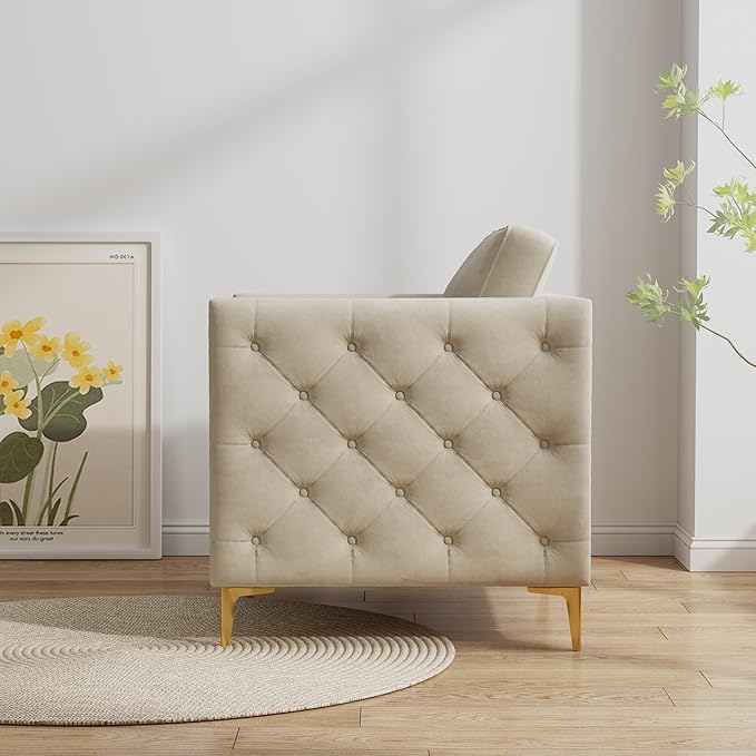 Beige Velvet Accent Chair with Gold Metal Legs – Tufted Armrests & Spring Foam Cushion for Living Room and Bedroom Sangria Beech