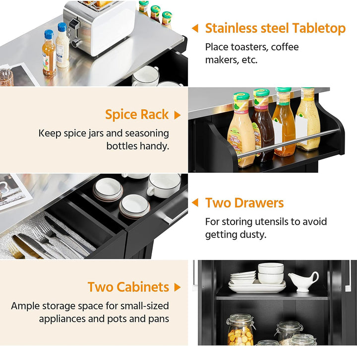 Black Kitchen Island Cart with Stainless Steel Top – Mobile Storage Cabinet with 2 Drawers, Adjustable Shelves & Wheels Yellow Crius