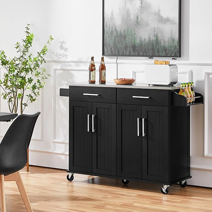 Black Kitchen Island Cart with Stainless Steel Top – Mobile Storage Cabinet with 2 Drawers, Adjustable Shelves & Wheels Yellow Crius