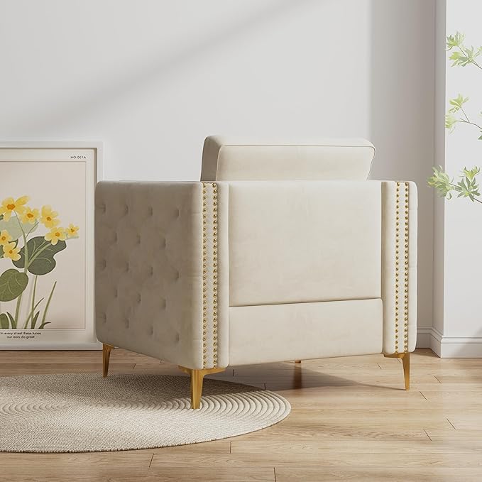 Beige Velvet Accent Chair with Gold Metal Legs – Tufted Armrests & Spring Foam Cushion for Living Room and Bedroom Sangria Beech