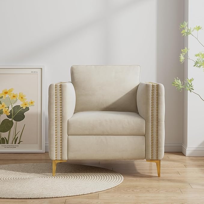 Beige Velvet Accent Chair with Gold Metal Legs – Tufted Armrests & Spring Foam Cushion for Living Room and Bedroom Sangria Beech