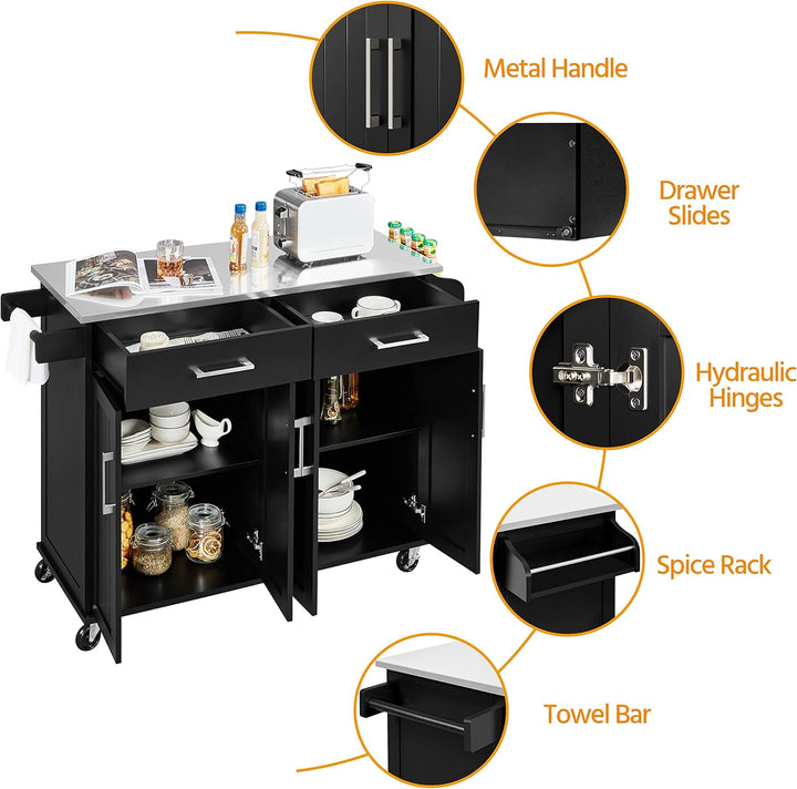 Black Kitchen Island Cart with Stainless Steel Top – Mobile Storage Cabinet with 2 Drawers, Adjustable Shelves & Wheels Yellow Crius