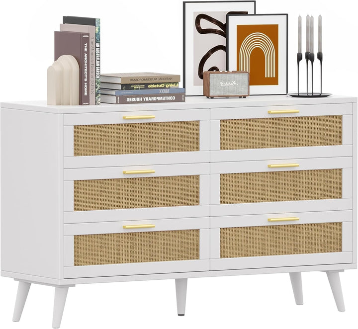 Modern 6 Drawer Double Dresser with Elegant Rattan Accents & Gold Handles – Spacious Storage for Bedroom, Living Room, or Entryway Peach Maple