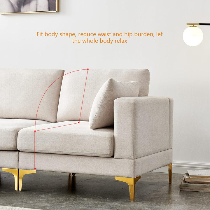 Beige L-Shaped Sectional Sofa with Ottoman – Gold Metal Legs, High-Density Foam & Removable Covers, Modern Fabric Couch for Living Room Sangria Beech