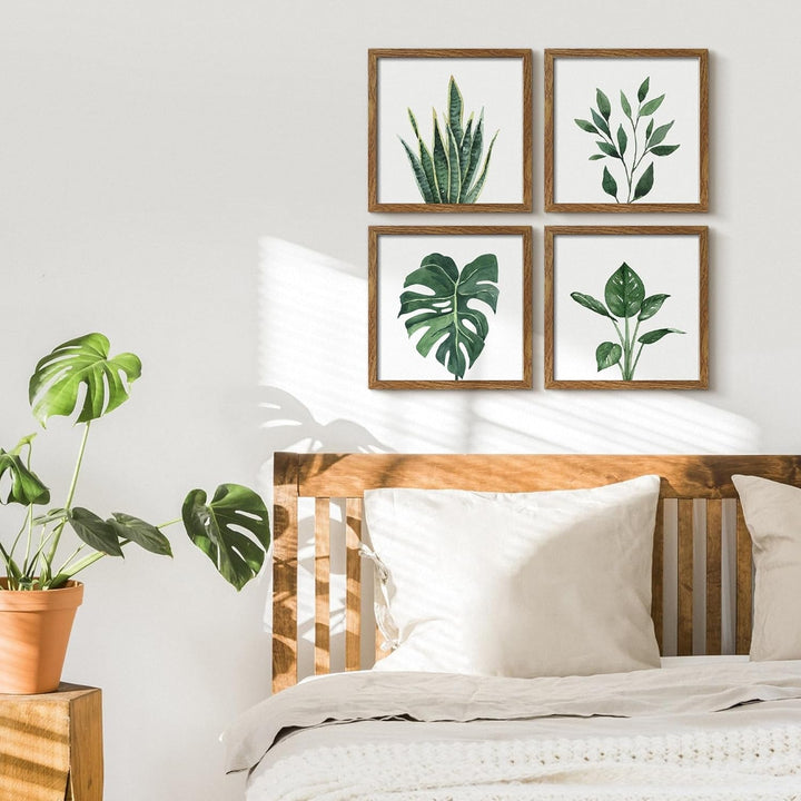 Botanical Framed Wall Art Set – 4-Piece Green Plant Prints with MDF Frames, 10x10 Inches Each, Modern Home Decor Peach Maple