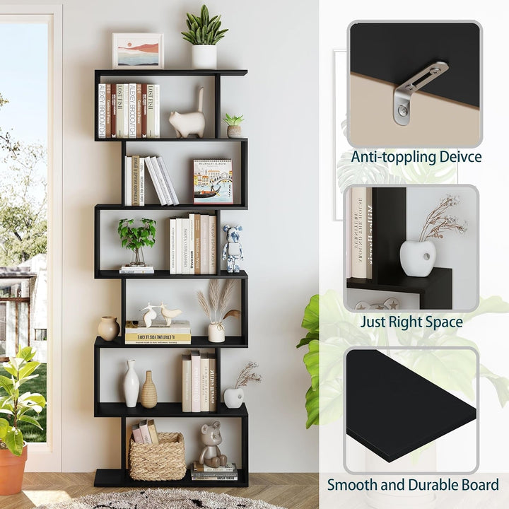 6-Tier Black S-Shaped Modern Geometric Bookshelf – Space-Saving Display & Storage Shelf Peach Maple
