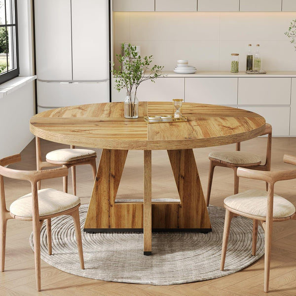 47" Round Farmhouse Dining Table with Pedestal Base – Seats 4-6, Light Brown Peach Maple