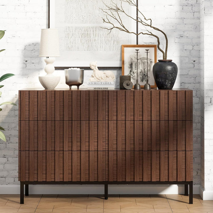 Fluted Walnut 6-Drawer Dresser with Metal Stand – Modern Storage Chest for Bedroom & Living Room Peach Maple