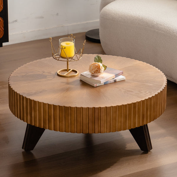 35.4' Round Retro Coffee Table – Natural Wood Finish, Stylish Centerpiece for Living Room & Home Decor GH Modern Living