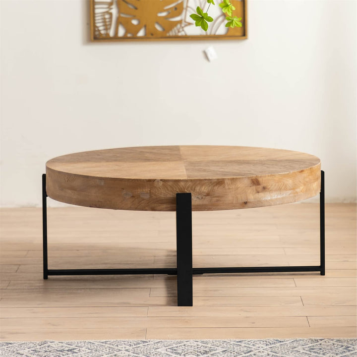 Modern Round Coffee Table with MDF Wood Top & Metal Legs – 31.29” Living Room Accent Table, Easy Assembly, Industrial Style Peach Maple