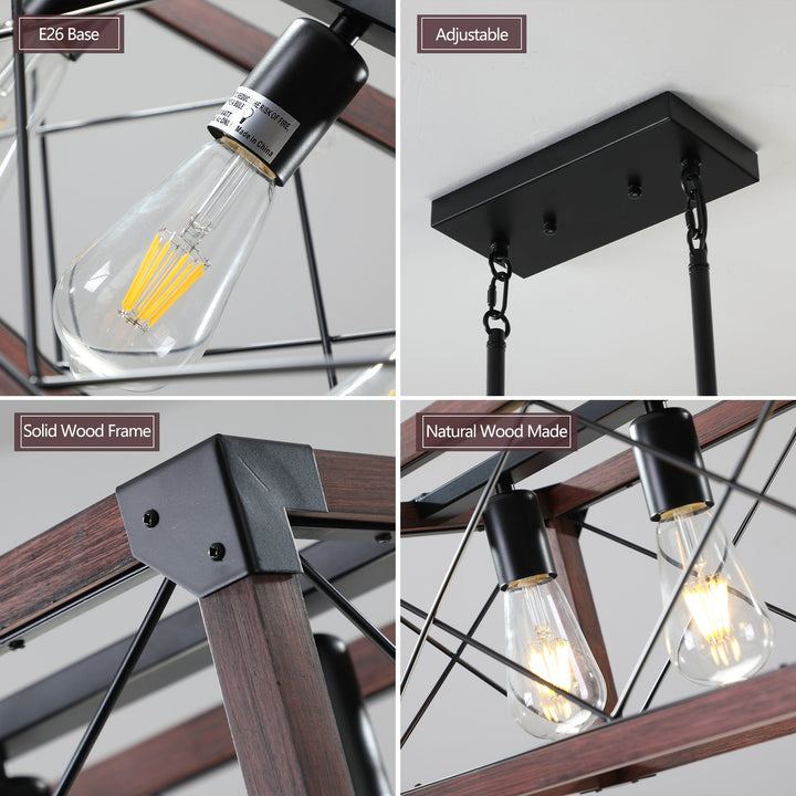 5-Light Farmhouse Chandelier – Red Wood and Black Iron Kitchen Island Pendant Light, Adjustable Height, E26 Base, Rustic Industrial Ceiling Fixture for Dining Room, Living Room, Entryway Sangria Beech