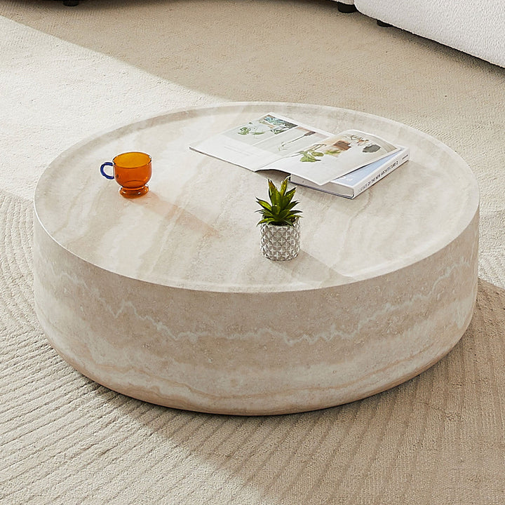 Modern Round Faux Travertine Coffee Table – 31.5" Fiberglass Center Table for Living Room, No Assembly Needed Sangria Beech