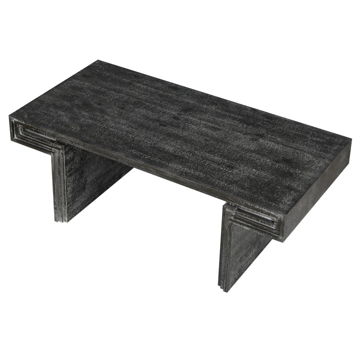 American Vintage Rectangular Coffee Table – Dual-Tier Rustic Wood Center Table with Open Shelves, Antique Black Finish Sangria Beech