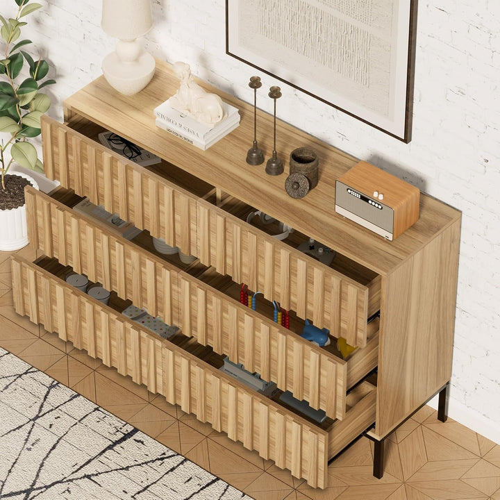 Modern 6-Drawer Wooden Dresser with Vertical Line Accents – Spacious Storage Chest for Bedroom & Living Room Peach Maple