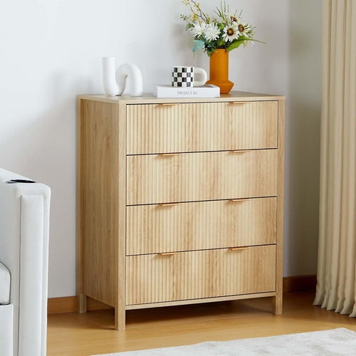 Modern 4 Drawer Wood Dresser – Fluted Wavefront Storage Cabinet with Solid Legs, MDF Chest for Bedroom & Living Room Peach Maple