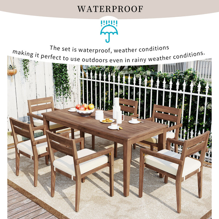 7-Piece Outdoor Acacia Wood Dining Set – Burly Wood Table and 6 Chairs with Cushions, Weather-Resistant Patio Furniture for Garden, Balcony, Backyard Sangria Beech