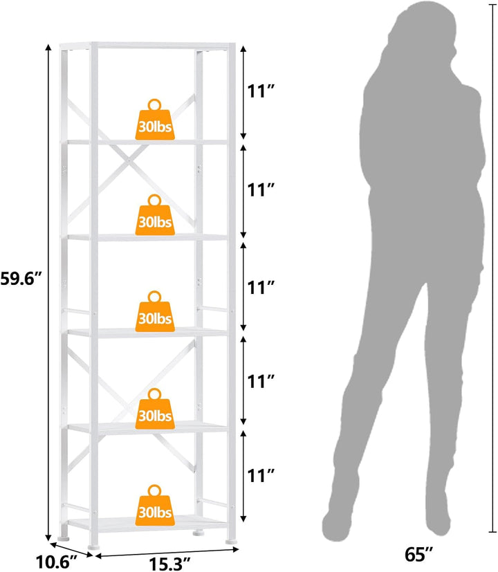 Tall White 6-Tier Narrow Bookshelf with Metal Frame – Slim Storage Rack for Living Room, Bedroom, Office & Bathroom Peach Maple