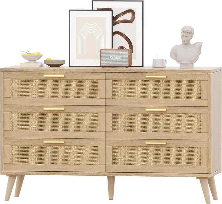 6-Drawer Rattan Dresser – Boho Chic Mid-Century Storage Cabinet with Golden Handles, Natural Finish, Versatile for Bedroom, Entryway, or Living Room Peach Maple